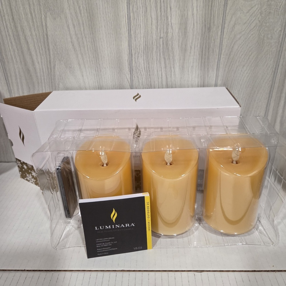 Luminara Set of 3 Flameless Candles Wisteria Gold 4", 5", 6", Remote Yellow